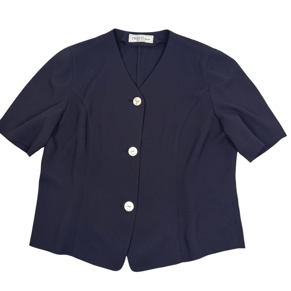 Vintage Womens Navy Blue V-Neck Short Sleeve Button Front